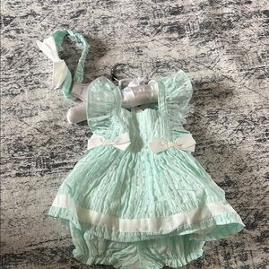 Mint Green Ruffled Baby Romper with Headband